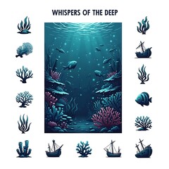 Vibrant underwater landscape illustration with colorful coral reefs, exotic fish, and luminous depths. Features isolated icons of diverse marine life and historic shipwrecks