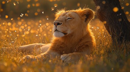 Lion basking on grassy field, bugs and sunlight