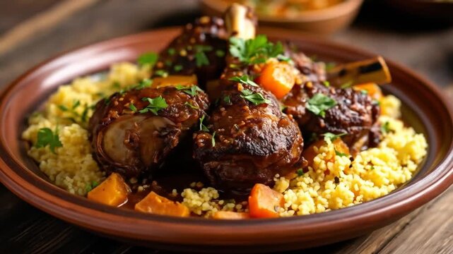 Close-up of braised meat on a bed of couscous with carrots and herbs on a rustic brown plate