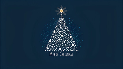 A festive christmas tree made of white dots on a dark blue background with a golden star and merry christmas text, creating a holiday card design