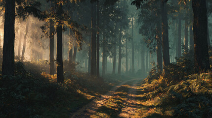 Fototapeta premium Sunlight streams through the trees in a serene forest scene, with a path leading into the distance. The atmosphere is calm and inviting