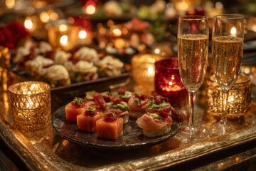 Fototapeta premium Luxury Christmas Celebration with Champagne and Gourmet Hors d’Oeuvres