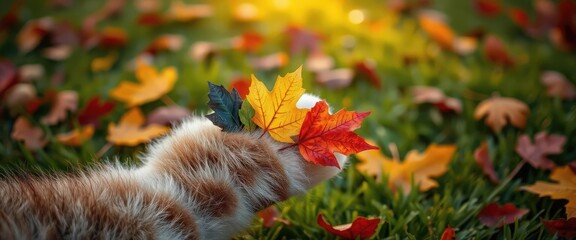 Close-up of a cat paw with autumn leaves on grass, fall season concept, outdoor nature scene.