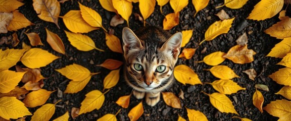 Tabby cat with green eyes sitting among yellow autumn leaves on the ground, outdoor fall season scene.