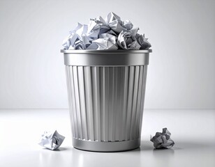 Crumpled white paper filling a metal wastebasket, symbolizing discarded ideas, mistakes, or environmental waste management