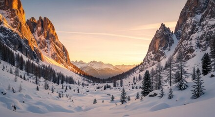 Sunrise illuminates snow-covered valley nestled between majestic, jagged mountain peaks