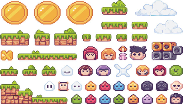 Pixel Art Game Assets Vector Set - Retro Platformer Elements, Coins, Tiles, and Character Sprites