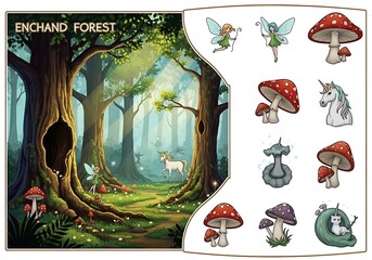 Magical Enchanted Forest Scene with Fairies and Unicorns, accompanied by whimsical mushroom characters and fantastical creatures, perfect for fantasy art and storytelling