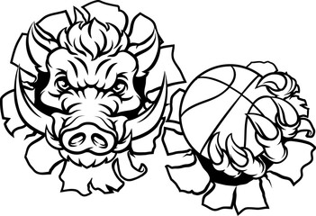 A wild boar, hog razorback warthog pig mean tough cartoon sports mascot holding a basketball ball