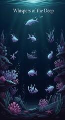 A captivating illustration of the mysterious and vibrant life thriving in the ocean's profound depths, showcasing diverse marine creatures and serene underwater landscapes