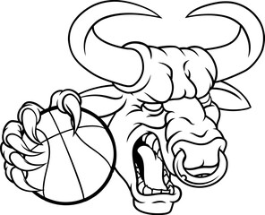 A bull or Minotaur monster longhorn cow angry mean basketball mascot cartoon.
