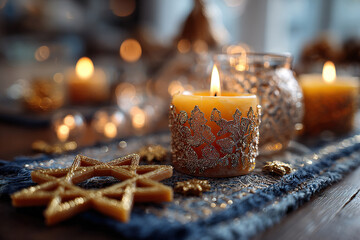A close-up of a decorative candle burning on a festively decorated table against a golden bokeh background.