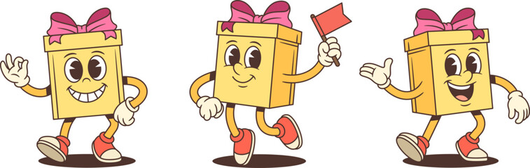 Cheerful cartoon gift box characters mascot vector illustration set. Showing OK gesture waving hand and holding flag. Versatile poses for advertising promotion celebration. Colorful dynamic collection