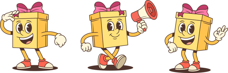 Three energetic cartoon gift box characters mascot vector illustration set. Saluting holding megaphone and making OK gesture. Action poses for advertising promotion announcement theme