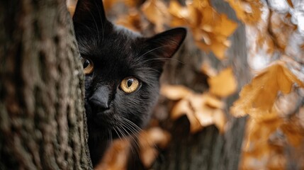 Black cat with yellow eyes peeking from behind a tree trunk in autumn with dry brown leaves.