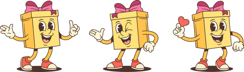 Three cartoon gift box characters mascot vector illustration set. Pointing upward inviting gesture and holding small heart. Interactive poses for advertising promotion invitation theme
