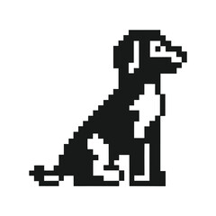 Pixel Art Style Dog Sitting Sideways with White Details on White Background