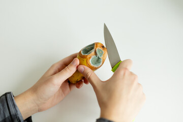 Person cutting off the moldy rotten part of a pear with a knife