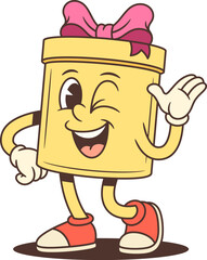 Cheerful cartoon gift box character mascot vector illustration. A friendly yellow present with a pink bow winking and waving. Perfect for advertising, greeting cards, promotional materials, and emoji