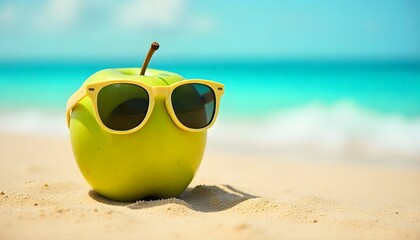 Fun summer concept of a green apple wearing sunglasses on the beach. Bright, creative, and eye-catching for lifestyle, health, and vacation themes.
