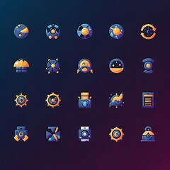 Vibrant gradient icon pack featuring celestial bodies, sci-fi concepts, and user interface elements for modern web design