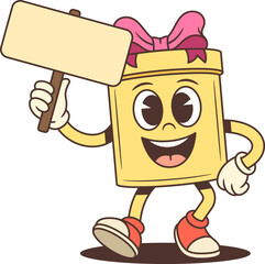 Playful cartoon gift box character mascot holding blank sign with wooden handle. Friendly vector illustration for advertising promotion announcement seasonal sale. Cute comic art design