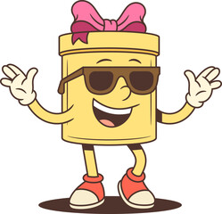 Playful cartoon gift box character mascot wearing sunglasses waving and making OK gesture. Cheerful vector illustration for advertising promotion greeting social media. Bright comic style