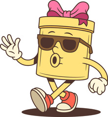 Playful cartoon gift box character mascot wearing sunglasses waving and whistling. Festive vector illustration for advertising promotion birthday holiday celebration. Cute comic art design element