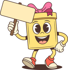 Cheerful cartoon gift box character mascot holding blank sign with hand on hip. Friendly vector illustration for advertising promotion invitation announcement message. Playful comic art
