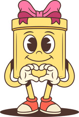 A cheerful cartoon gift box character mascot vector illustration. The smiling yellow box with a pink bow forms a heart with its hands. Perfect for friendship, love, and holiday themes