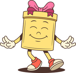 Delighted cartoon gift box character mascot squeezing eyes shut with pure joy and pink bow. Happy vector illustration for advertising promotion celebration positive emotion. Cheerful comic style