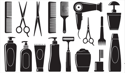 Hair salon equipment silhouette set with beauty tools and accessories