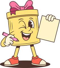 Cheerful cartoon gift box character holding a pink pencil and paper. Winking mascot vector illustration for advertising, greeting cards, and holiday promotions. Perfect for birthday and sale concepts