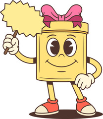 Playful cartoon box character with a pink bow holds a blank sign. Friendly mascot vector illustration for advertising, promotion, and festive holiday design. Perfect for Christmas and sale concepts