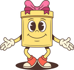 Friendly yellow cartoon gift box character spreading arms in welcoming gesture. Cheerful mascot vector illustration with pink bow for greeting cards and advertising campaigns