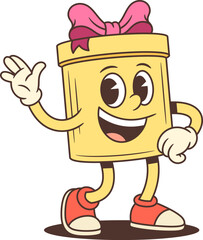 A cheerful cartoon gift box character mascot vector illustration. Friendly yellow present with a pink bow waves hello. Perfect for birthday, holiday, and advertising themes. Playful and joyful design