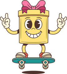 Dynamic cartoon gift box character mascot vector illustration. Yellow present with pink bow rides skateboard while making rock hand gesture. Perfect for youth culture and action themes.