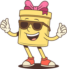 Stylish cartoon gift box character mascot vector illustration. Yellow present with pink bow wears sunglasses and white gloves while giving thumbs up. Perfect for trendy positive messaging