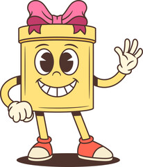 Joyful cartoon gift box character mascot vector illustration. Waving with pink bow. Perfect for advertising mascot, festive promotion, holiday emoji, birthday greeting and loyalty program