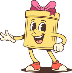 Friendly cartoon gift box character mascot vector illustration. Waving in orange sneakers with a pink bow. Ideal for birthday advertising, holiday promotion, festive emoji, and seasonal sale campaigns