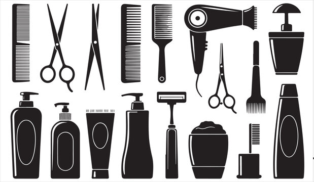 Hair salon equipment silhouette set with beauty tools and accessories