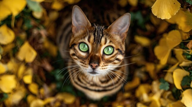 Brown tabby cat with green eyes sitting among yellow autumn leaves outdoors. - Powered by Adobe