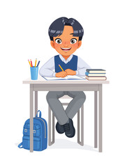 Happy Asian school boy sitting at the desk. Cartoon vector illustration.
