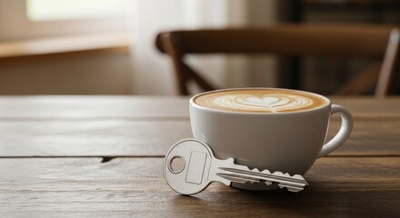 A steaming latte with intricate foam art sits next to a silver key on a wooden table