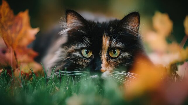 Tortoiseshell cat with green eyes lying in grass surrounded by autumn leaves, outdoor pet scene. - Powered by Adobe