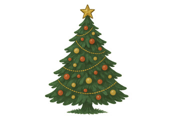 Fototapeta premium Christmas tree decorating with star, ornaments, and garland for festive holiday season celebration, transparent background