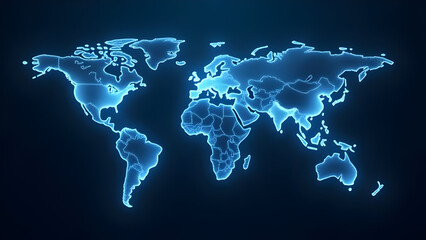 World map outline with glowing blue lines on a dark background representation