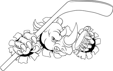 A rhino or rhinoceros ice hockey tough cartoon sports mascot