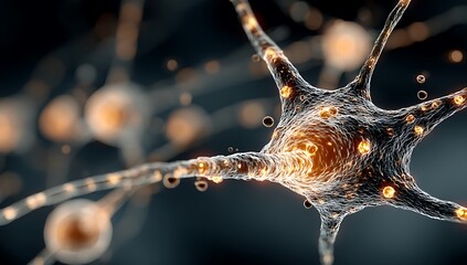 Detailed 3D Render of a Human Neuron with Glowing Synapses nerve cell brain