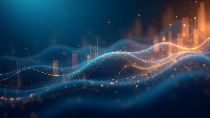 Abstract financial chart with rising bar graphs in a dynamic blue and gold style